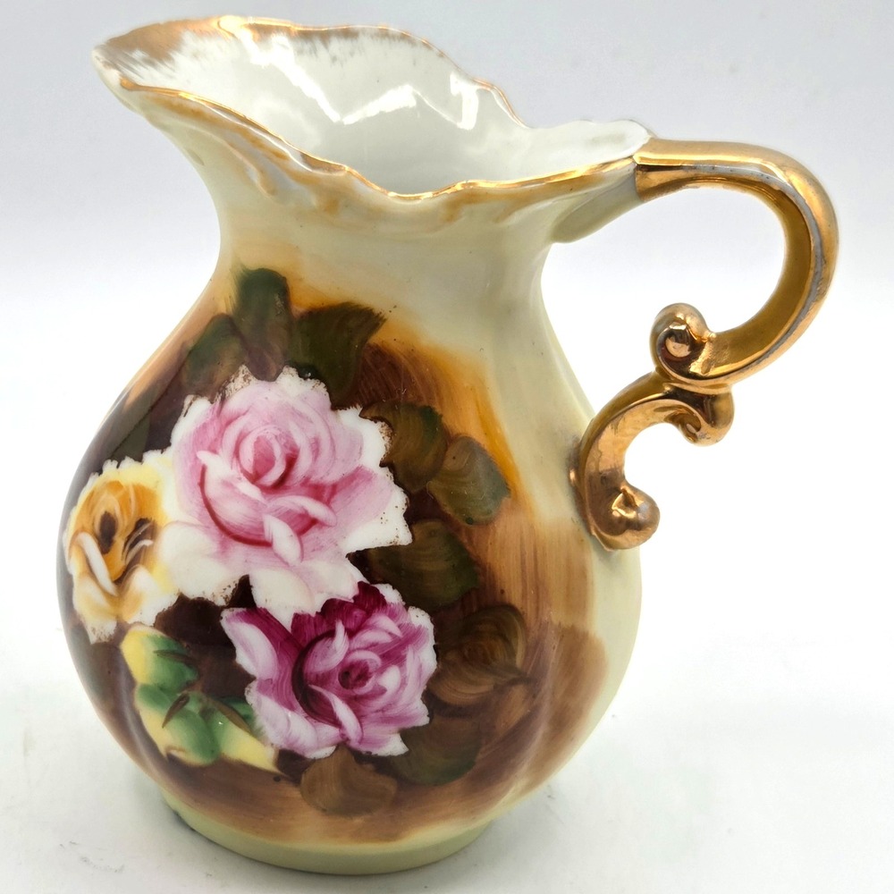 VINTAGE‎ Pitcher Porcelain Hand Painted Roses with Gold Trim